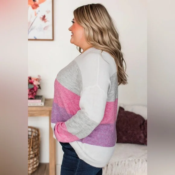 Colorblock Women’s Crew Neck Striped Pink, Purple, Gray Spring Sweater, Size M - Picture 9 of 12